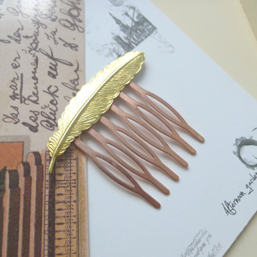 手作复古金色羽毛 香港制红铜发梳 插梳头饰