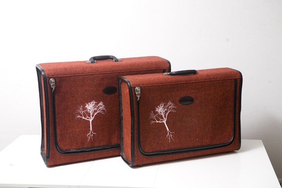 Vintage Red Tweed Luggage Set With Screen Printed by BrightWall Vintage Red Tweed Luggage Set With Screen Printed Trees