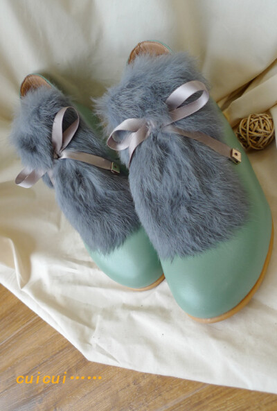 [珐旎。洋鞋]獭兔毛 文艺小清新 森林系蝴蝶结 牛皮 平底 短靴