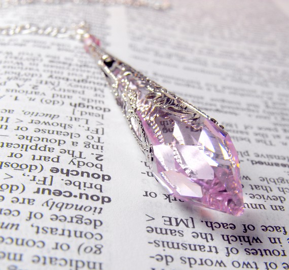 Pink Crystal Necklace Swarovski Crystal by ClassicKeepsakes Pink Crystal Necklace Swarovski Crystal Sterling Silver Figaro Shard of love