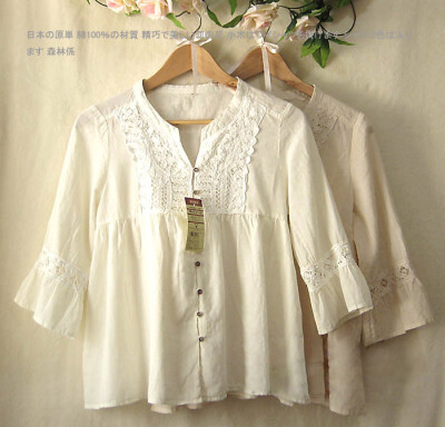 日本原单 无印良品 森林系 棉麻 喇叭袖衬衫/娃娃衫