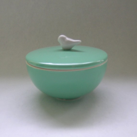 Ceramic Lidded Vessel with Bird in Vintage Green