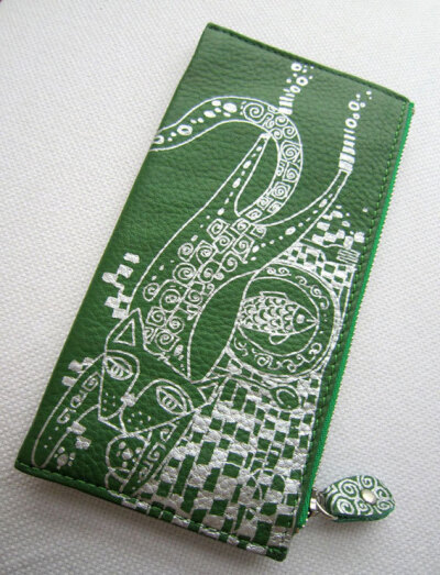 手绘版－绿色羊皮钱包－猫与鱼