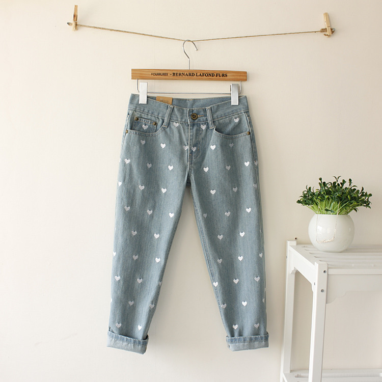 满天星爱心刺绣做旧九分牛仔裤 翻边做7分裤
