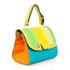  牛皮时尚撞色彩虹手提斜挎女包。最美的彩虹包裹着你的所有。