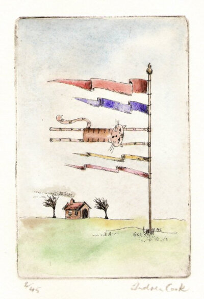 original cat etching and watercolor it&#39;s a bit windy by atelier28 original cat etching and watercolor - it&#39;s a bit windy