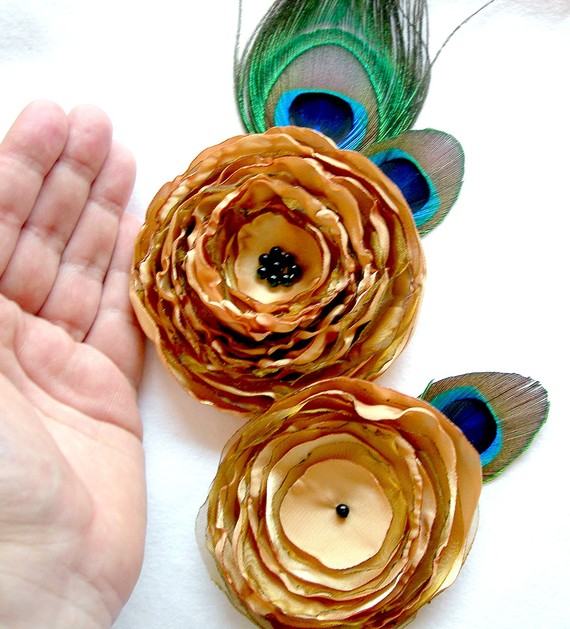 fabric brooch and hairclip GOLDEN PEACOCK by larisa71 on Etsy fabric brooch and hairclip -GOLDEN PEACOCK-