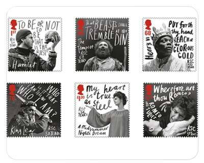 英国皇家莎士比亚剧院纪念50周年发行的纪念邮票The Royal Shakespeare Company Stamp Set发行日期：2011-4-12内含6张邮票,分别表现了莎士比亚的著名作品哈姆雷特，暴风雨，亨利六世，李尔王，仲夏夜之梦，罗密欧与朱…