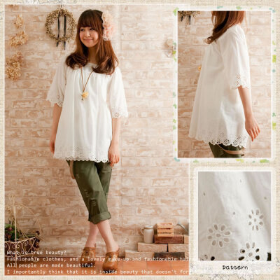 苍井优 日单 森林系棉麻上衣 原单 镂空刺绣花 简约白色衬衫罩衫