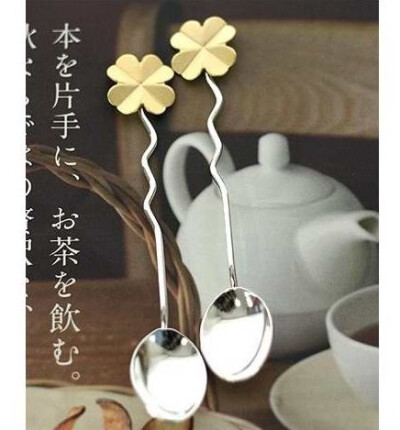 、金色四叶草 带来幸运的流线造型茶勺咖啡勺