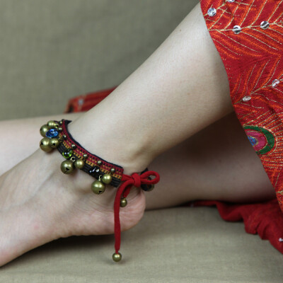 孔雀原创手工复古异域民族风串珠铃铛裂帛凉鞋搭配红绳女脚链