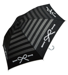 日本代购 UV加工高防紫外线蝴蝶结条纹弯钩折叠伞三折伞
