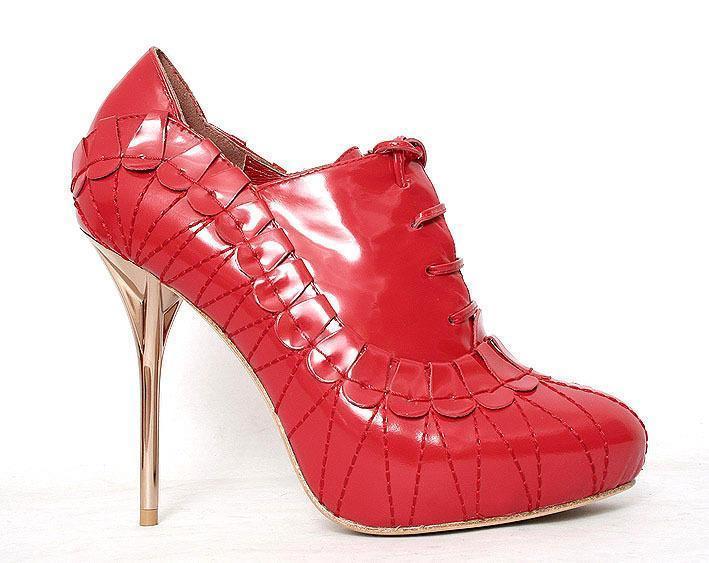 红色漆皮英伦复古细高跟女靴