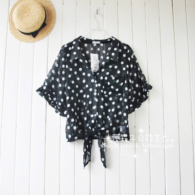 Y-165 日系甜美波普圆点 荷叶边袖 短款打结衬衫雪纺衫