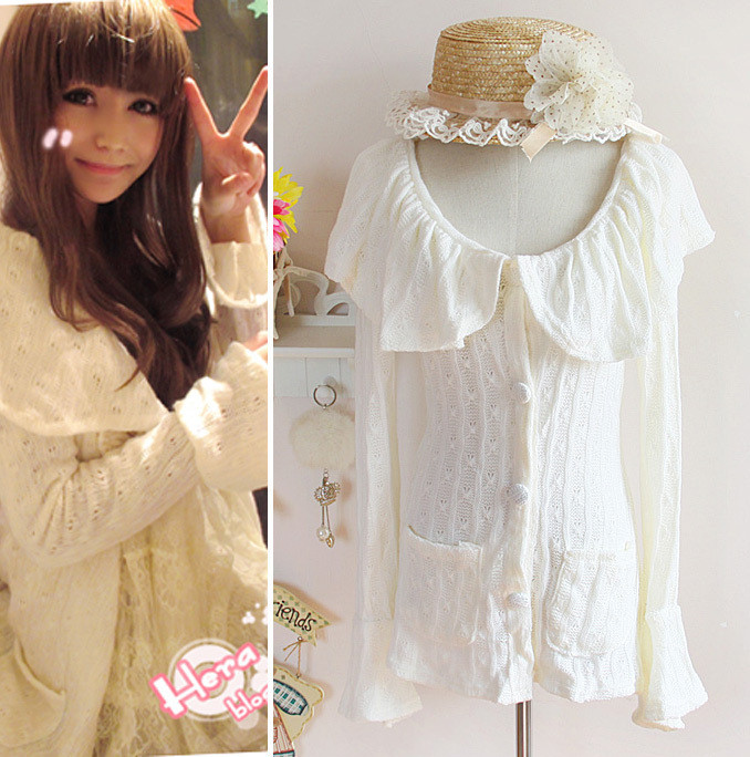 VIVI.Hera苗苗.甜美荷叶边翻领长款针织衫毛衣开衫外套