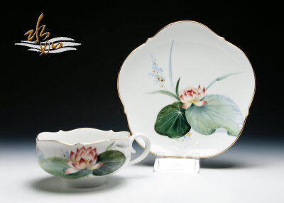 梅森 德国名瓷 Meissen 手工镏金 彩绘 荷叶 花茶杯 咖啡杯 盘