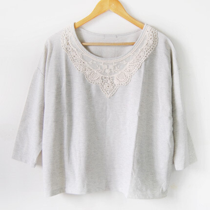 森林系 领口盘花 灰白 7分袖蝙蝠棉衫