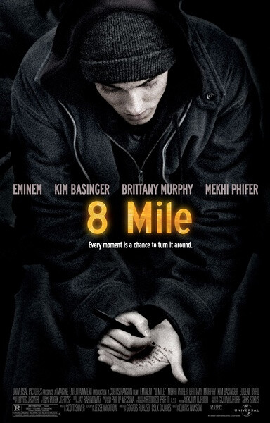 【8英里 8Mile】艾米纳姆——一个以黑人方式成长的白人说唱歌手。白人的高尚住宅区和黑人的贫民窟相差只有八英里，天堂和地狱之间的那道鸿沟有的人却一生也无法超越。