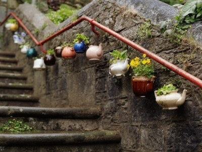 teapot planters (hung on stair railing)