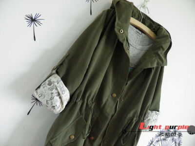 y-3464*日系 森林系连帽腰间抽带蕾丝袖军绿风衣