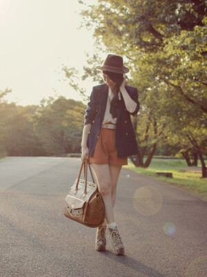 earth tone with navy boyfriend blazer