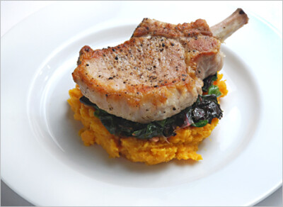 Braised Pork Chops with Sage, Mashed Sweet Potatoes, Sautéed Swiss Chard with Ga… 瀑布口水