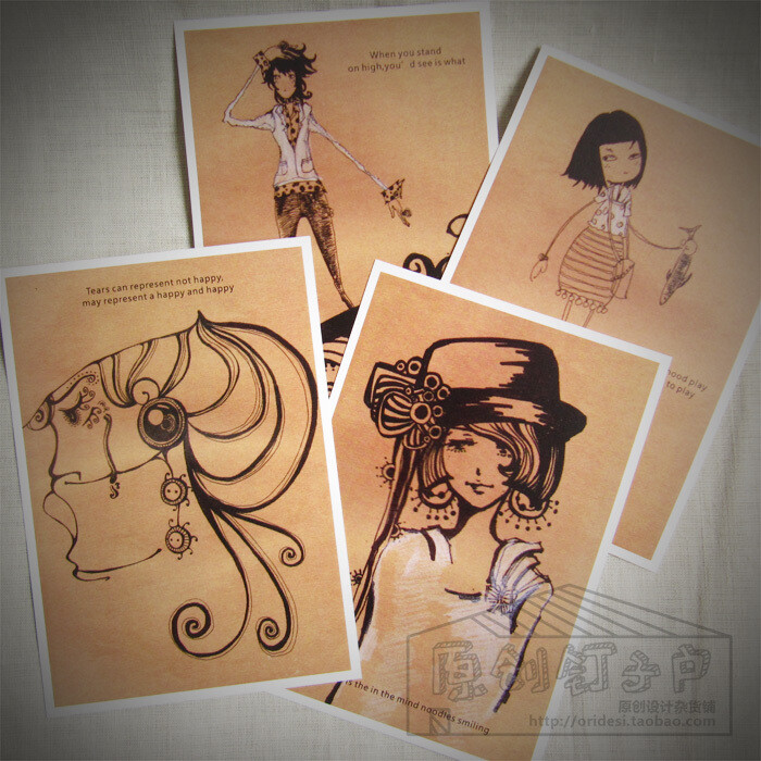 原创品牌Evma 原创插画手绘 复古怀旧明信片名信片 蜕变历程 4张