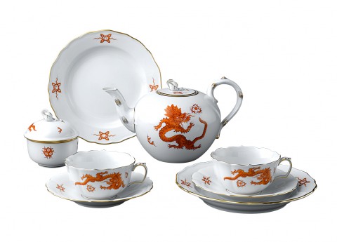 MEISSEN 茶具组，明龙，红色, 式样 【别看如此中国风，但其实这是德国的茶具哦】