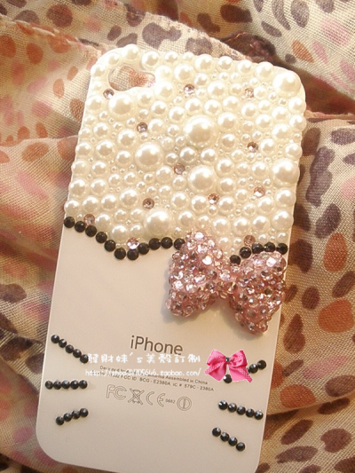 成品水钻 kitty IPHONE 4 3GS 外壳 苹果 手机套 diy 珍珠