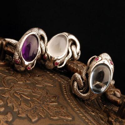 天然月光石紫水晶托帕石红宝石戒指