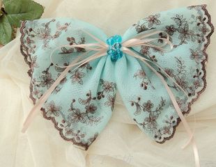 新日韩流行饰品手工发夹蕾丝蝴蝶结发饰顶夹水晶头饰头花湖蓝色