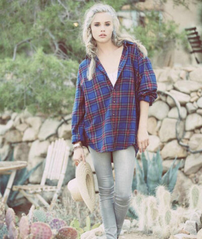 蓝红色男朋友风格子衬衫