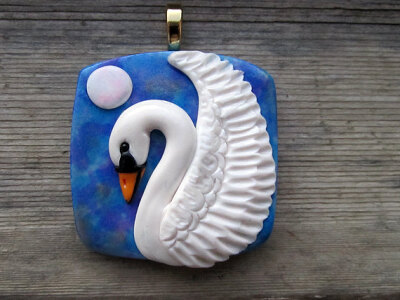 Swan Pendant, Handsculpted Polymer Clay, One of a Kind Piece