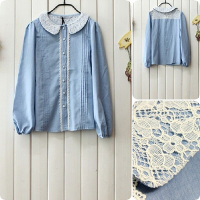 森林系蕾丝翻领清新雅致牛仔蓝棉麻长袖衬衫