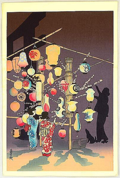 日本版画中各色的灯笼