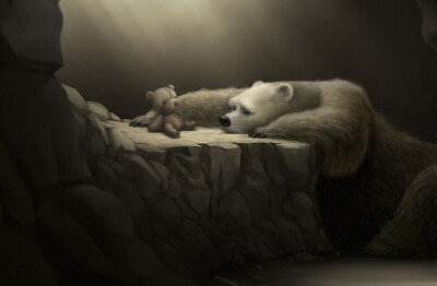 《The hope of the bear》｜ 插画师Tincat “我从小最喜欢的动物就是熊，这个场景展现了一头熊希望玩具泰迪熊能和它玩耍” ｜