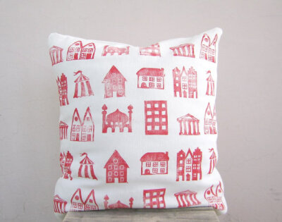 Kid's throw pillow in red and white - hand printed little houses on red and white stripes - cotton pillow cover, great nursery decor