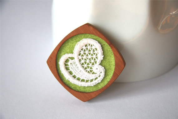 White Lace on Pistachio Green Brooch, Lace and Mahogany Series