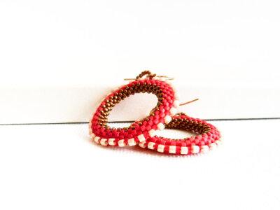 Christmas hoop earrings. Red white bronze bead woven round shapes