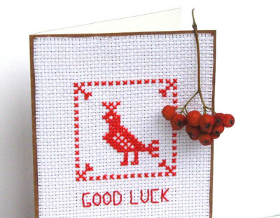 Greeting card Russian traditional embroidery white and red Good luck Small bird