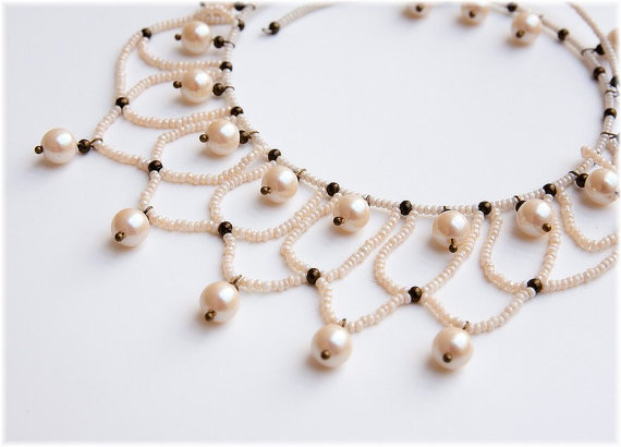 Victorian style necklace with faux pearls and antiqued bronze details - costume jewelry