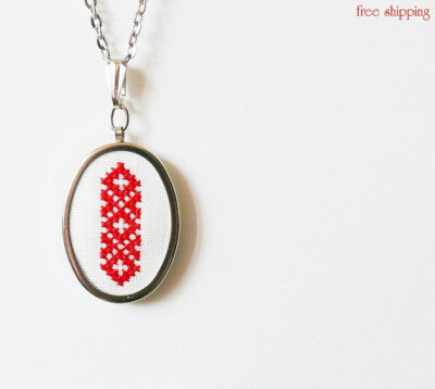 Hand embroidered necklace Ukrainian ornament in red color