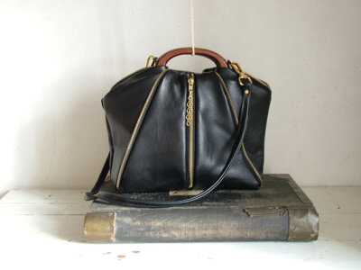 Black Leather Tote Bag with Ipad Front Pocket and Chic Luxury Brass - Ready to Ship