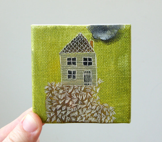 tiny cabin no 2 / original painting on canvas 绿色房子和小画