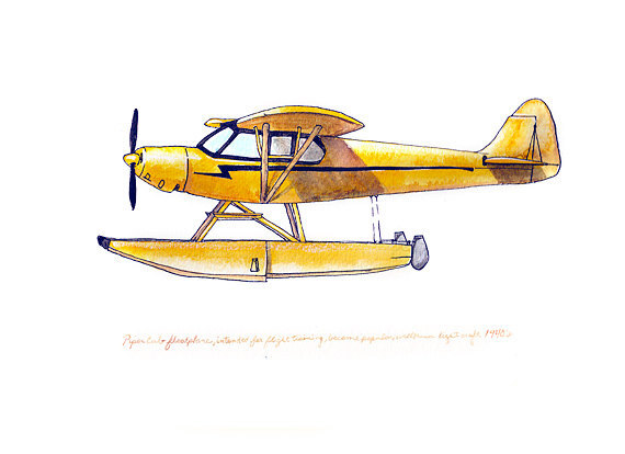 Piper Cub Floatplane / Seaplane vintage airplane watercolor print, 8x10"