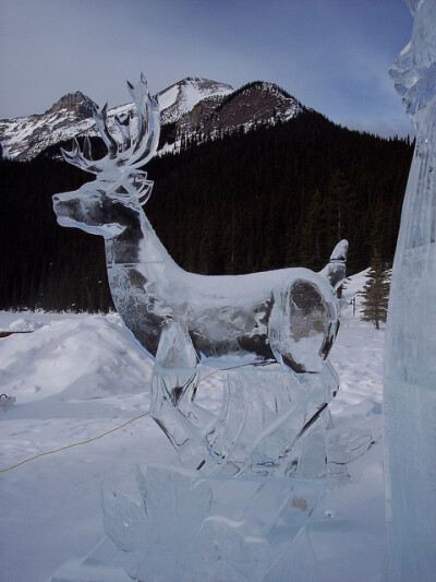 路易斯湖，加拿大阿尔伯塔省的冰雕，一头麋鹿。