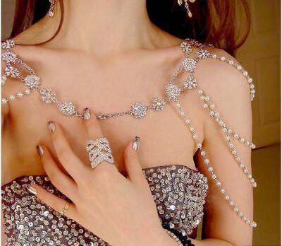 韩式新娘项链双肩链套链水钻七彩钻多层珠珠链