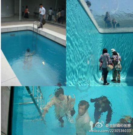 阿根廷艺术家 Leandro Erlich 在日本当代艺术博物馆设计的这个“人工游泳池”。利用美术馆的天窗加上一层水，并加上假的泳池扶手，从上看恍若真的游泳池，但游客亦能在底下的展室走动，上下观看，造成了特殊的趣味和效果！