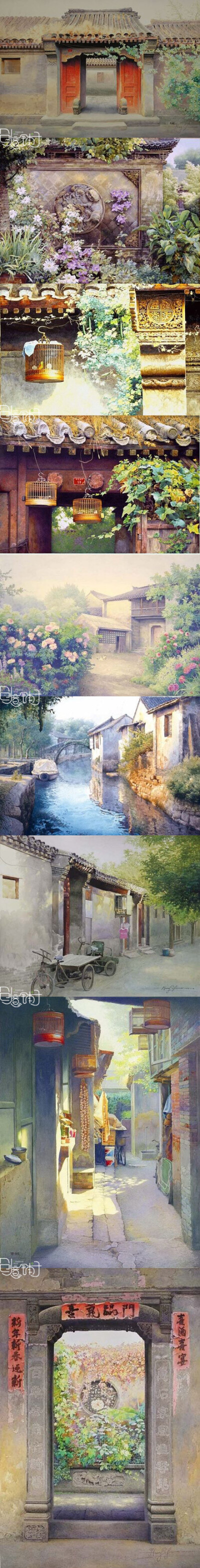 老北京水彩画：黄有维，号洞庭渔夫。湖南省岳阳人，作品格调清新、充满阳光和朝气。