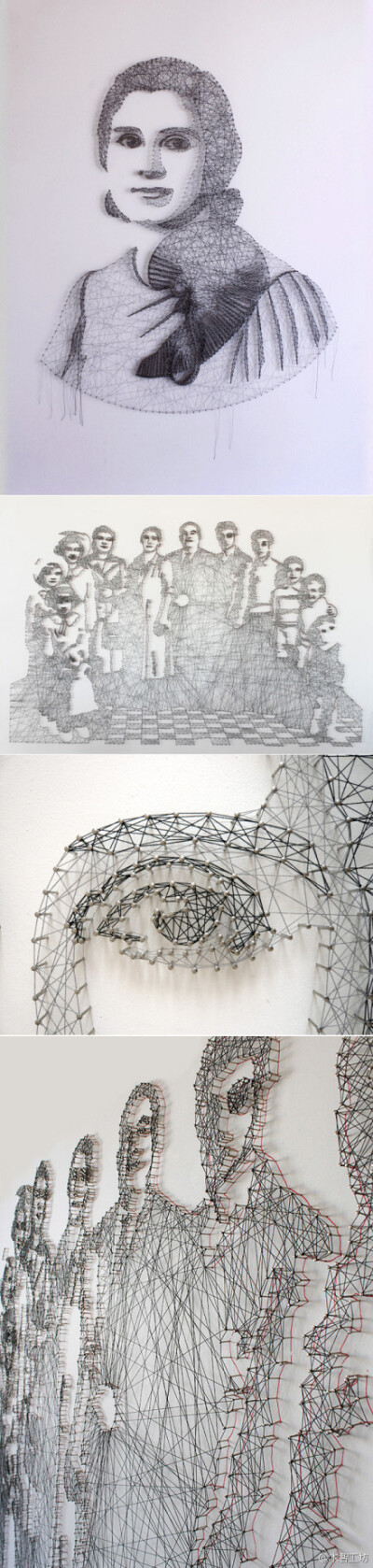 艺术家Pamela Campagna用一种很特别的方式作画，现在墙上钉钉子，然后用线连接各点，最后慢慢形成图案，每幅画都要花费1个月之久。 via: http://t.cn/SyxpVZ